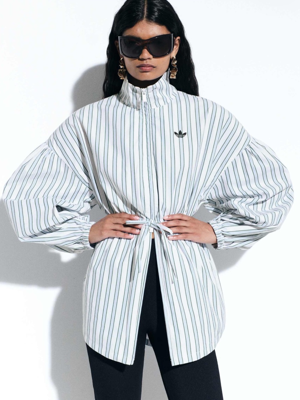 adidas Originals × ASOS funnel neck shirt with volume sleeves in blue stripes